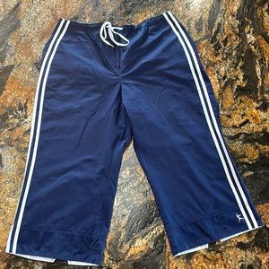 Danskin capris, navy/white stripes, elastic waist, light weight, good condition.